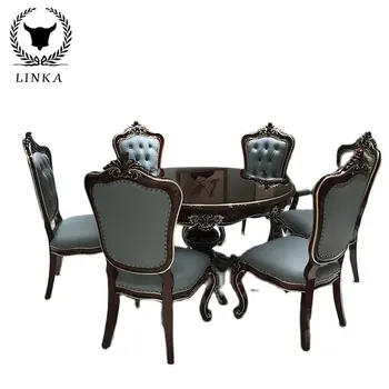 Европейский кожаный обеденный стол на 6-8 персон в неоклассическом французском стиле, роскошная резная мебель для столовой из массива дерева
